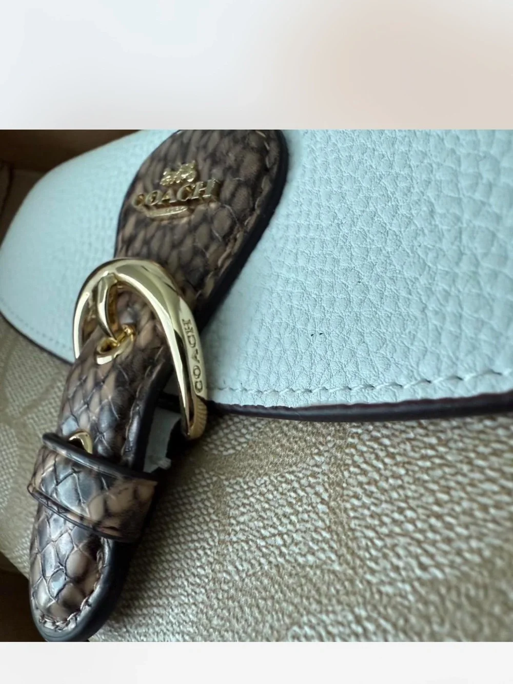 Coach Signature Canvas Wallet with White Flap & Brown Snakeskin Accent